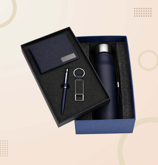 Elegant 4-in-1 Corporate Gift Set – Wallet, Insulated Bottle, Keychain & Premium Pen