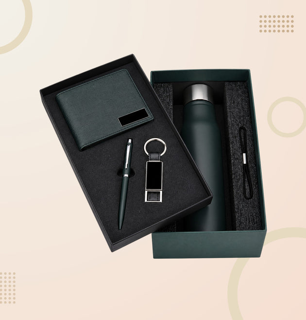 Elegant 4-in-1 Corporate Gift Set – Wallet, Insulated Bottle, Keychain & Premium Pen