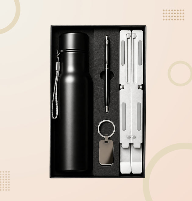 Modern 4-in-1 Corporate Gift Set – Vacuum Bottle, Folding Laptop Stand, Premium Pen & Metal Keychain
