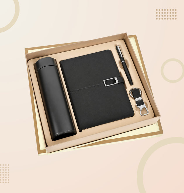 Elegant 4-in-1 Corporate Gift Set – Insulated Bottle, Leather Diary, Executive Pen & Metal Keychain