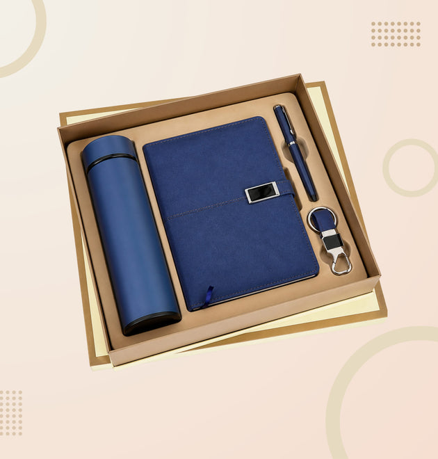 Elegant 4-in-1 Corporate Gift Set – Insulated Bottle, Leather Diary, Executive Pen & Metal Keychain