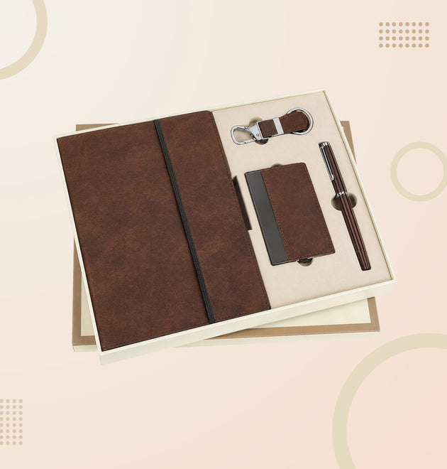 Classic 4-in-1 Corporate Gift Set – Leather Diary Folder, Metal Pen & Card Holder with Keychain