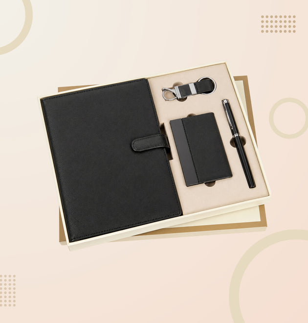 Classic 4-in-1 Corporate Gift Set – Leather Diary Folder, Metal Pen & Card Holder with Keychain