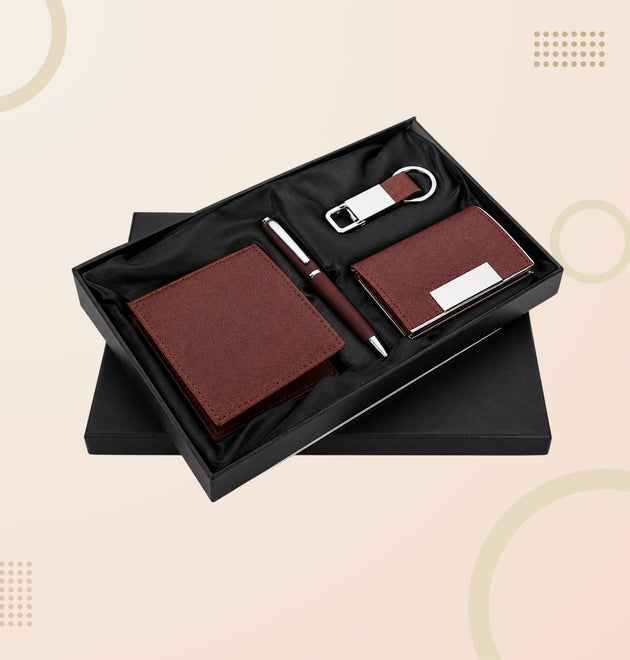 Elegant 4-in-1 Corporate Gift Set – Leather Wallet, Visiting Card Holder, Executive Pen & Keychain