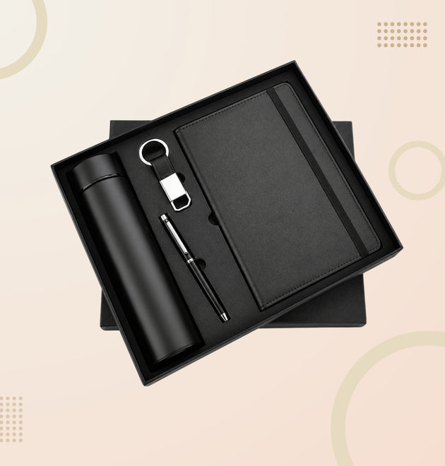Premium 4-in-1 Corporate Gift Set – Diary Notebook, Vacuum Bottle, Metal Pen & Keychain