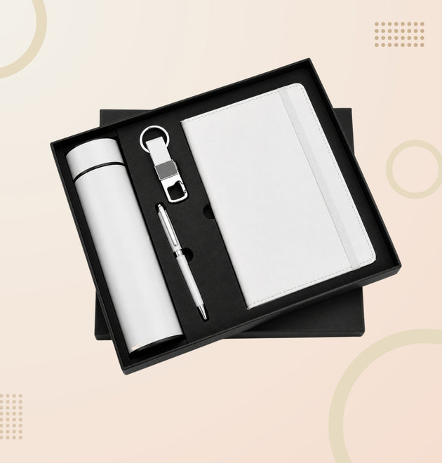 Premium 4-in-1 Corporate Gift Set – Diary Notebook, Vacuum Bottle, Metal Pen & Keychain