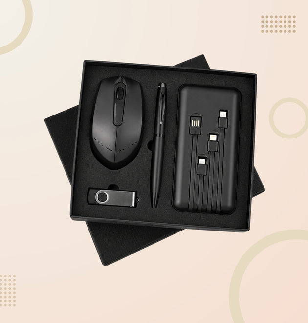 Executive 4-in-1 Tech Gift Set – Wireless Mouse, Multi Cable Power Bank, USB Drive & Premium Pen