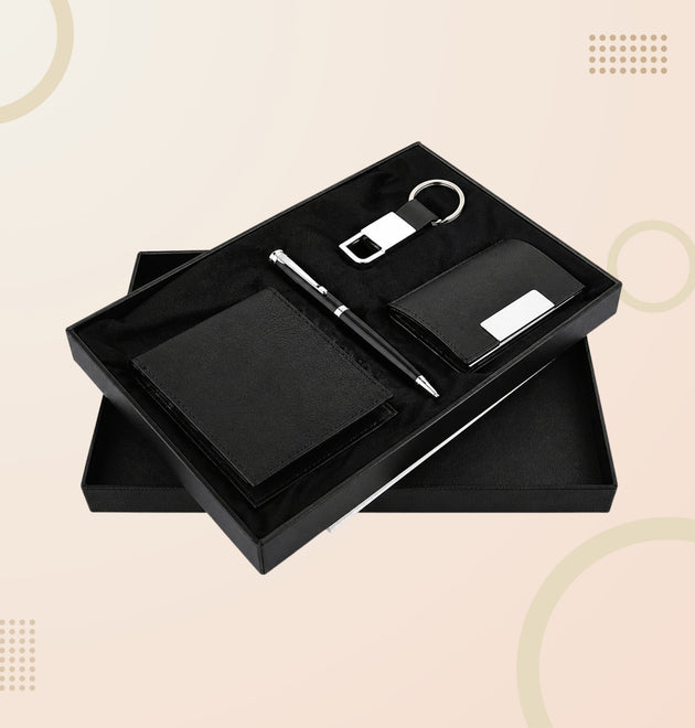 Elegant 4-in-1 Corporate Gift Set – Leather Wallet, Visiting Card Holder, Executive Pen & Keychain