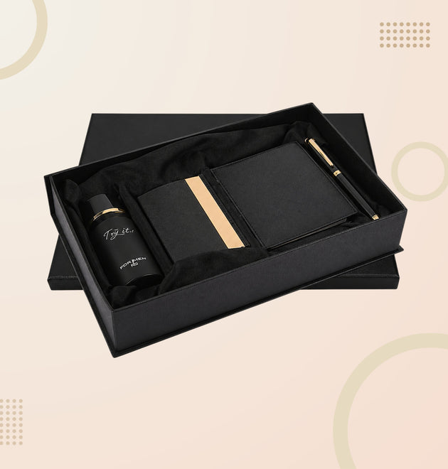 Luxury 4-in-1 Corporate Gift Set – Perfume Bottle, Leather Wallet, Card Holder & Executive Pen