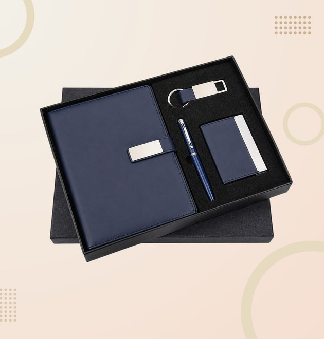 Elegant 4-in-1 Corporate Gift Set – Blue Leather Diary Organizer, Card Holder, Metal Pen & Keychain Combo