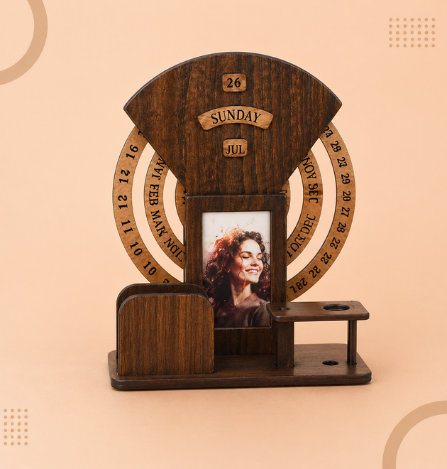 Luxury Wooden Table Organizer with Calendar, Photo Frame & Stationery Holder