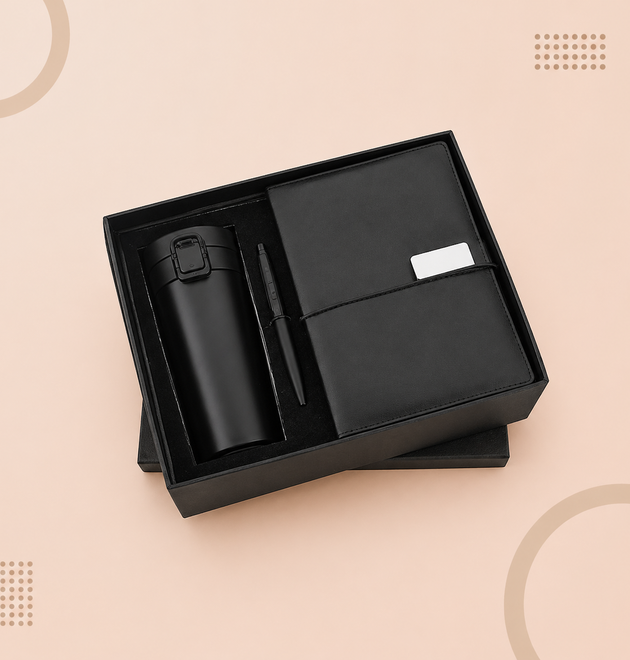 Premium 3-in-1 Corporate Gift Set – White Diary, Metal Pen & Vacuum Flask Bottle