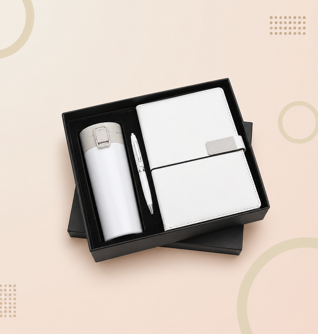 Premium 3-in-1 Corporate Gift Set – White Diary, Metal Pen & Vacuum Flask Bottle
