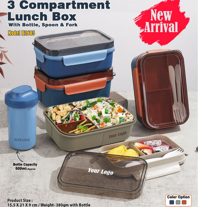 3 COMPARTMENT LUNCH BOX WITH BOTTLE, SPOON & FORK