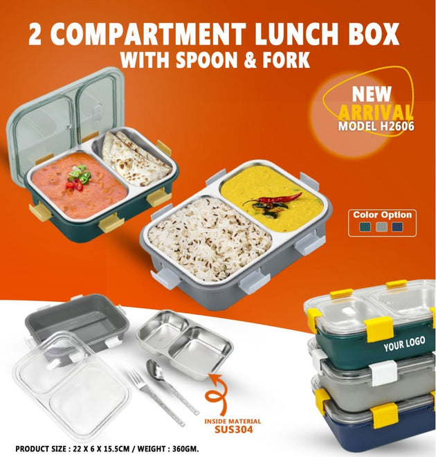2 Compartment Lunch Box With Spoon & Fork