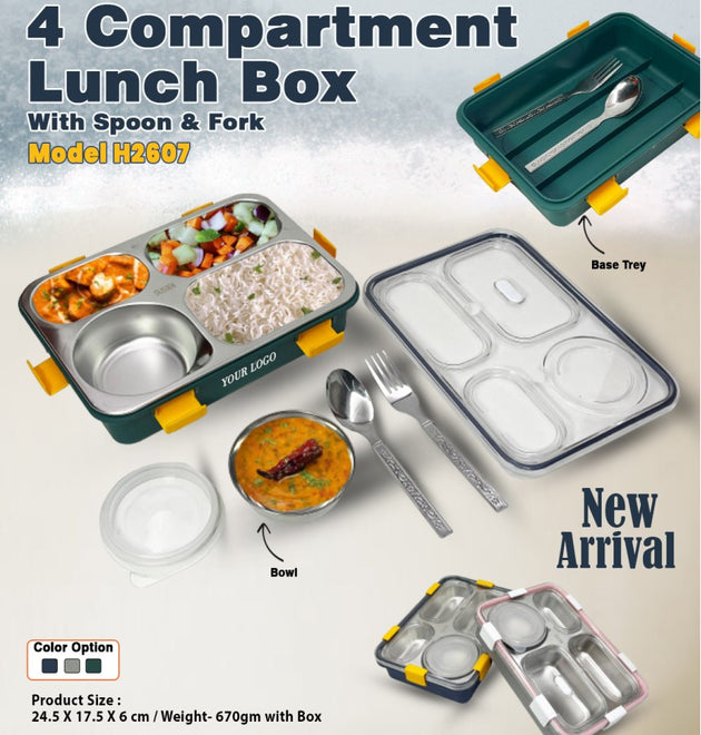 4 Compartment Lunch Box With Spoon & Fork