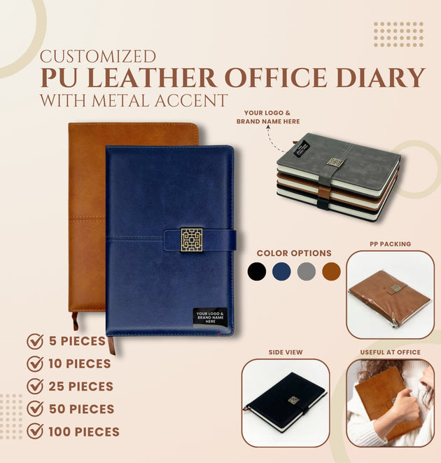 PU Leather Office Notebook Diary with Metal Accent
